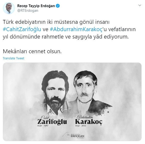 Cumhurbaşkanı Erdoğan, Cahit Zarifoğlu ve Abdurrahim Karakoç'u anma mesajı yayımladı